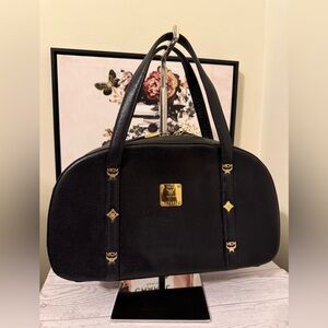 Vintage MCM Black Leather Motif Dome Satchel with Gold Accents